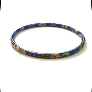 Vintage Chinese Cloisonne Blue Floral Bangle Bracelet 4mm 2.6 inches